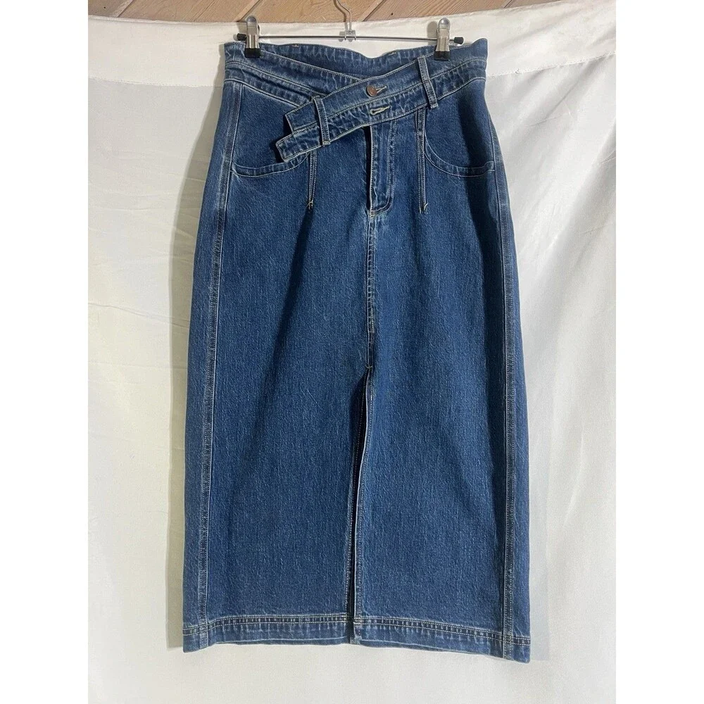 Anthro Pilcro Woman's 8 Denim Skirt Button Front Midi Med Wash Double Waist
